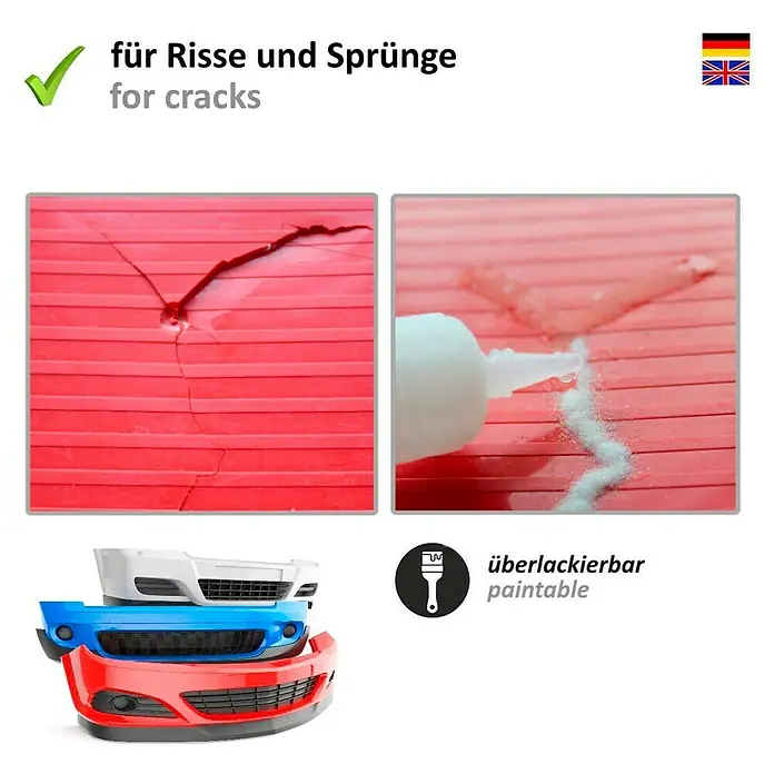 HG Power Glue Kleber-Set Klebstoff und Granulat - 15 g, 2 -tlg., Flasche - Bild einer Spachtelmasse zur Reparatur von Rissen und Sprüngen, überlackierbar und ideal für Stossstangen.