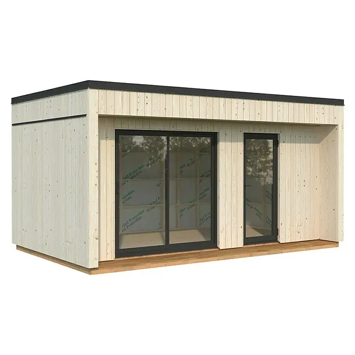 Palmako Gartenhaus Johanna Nordic Plus - Außenmaß inkl. Dachüberstand (B x T): 562 x 339 cm, Holz, Natur unbehandelt - Außenansicht eines modernen Gartenhauses mit Holzverkleidung, großen Schiebefenstern und einer Tür, ideal für den Garten.