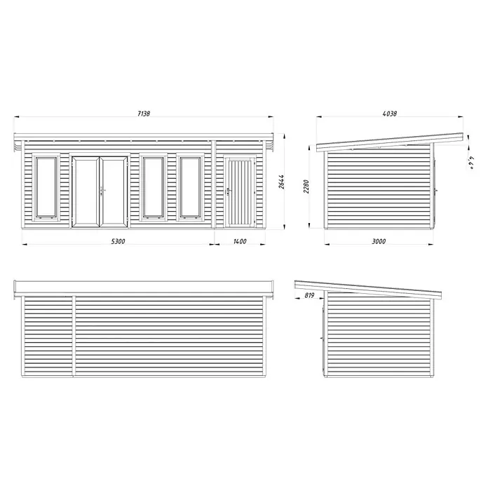 Palmako Gartenhaus Aurelia - Außenmaß inkl. Dachüberstand (B x T): 714 x 404 cm, Holz, Natur unbehandelt, Inklusive Geräteraum - Bild eines Gartenhauses mit allen Seitenansichten und detaillierten Maßangaben für Bau oder Planung.