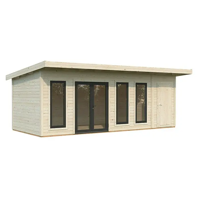 Palmako Gartenhaus Aurelia - Außenmaß inkl. Dachüberstand (B x T): 714 x 404 cm, Holz, Natur unbehandelt, Inklusive Geräteraum - Helle Holzgartenhütte mit schwarzen Rahmen um die Fenster und Türen. Sie besteht aus Holz und hat ein Flachdach.