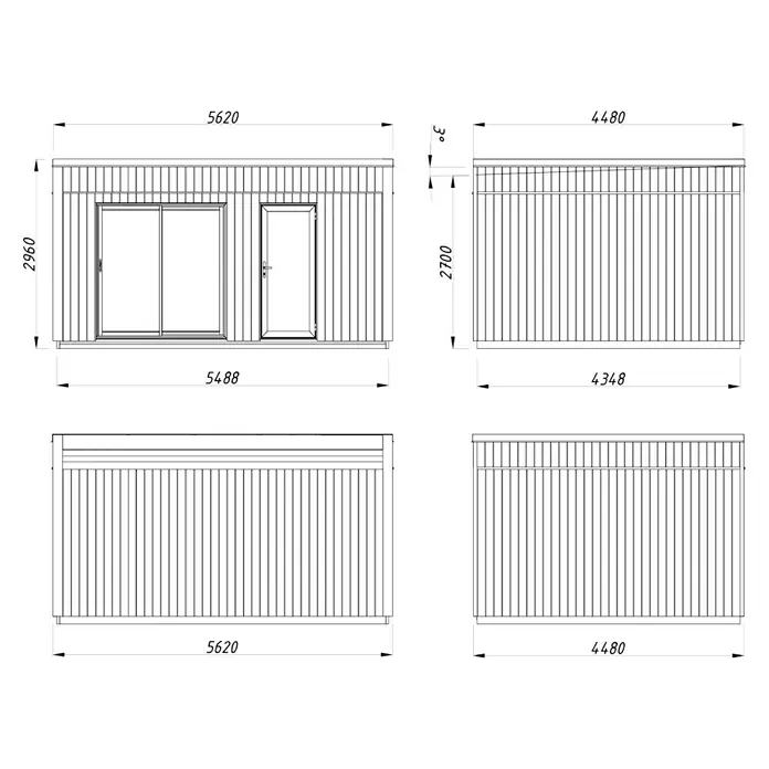 Palmako Gartenhaus Johanna Nordic Plus - Außenmaß inkl. Dachüberstand (B x T): 562 x 448 cm, Holz, Natur unbehandelt - Technische Zeichnung eines modernen Gartenhauses mit präzisen Abmessungen für Planung und Bau.