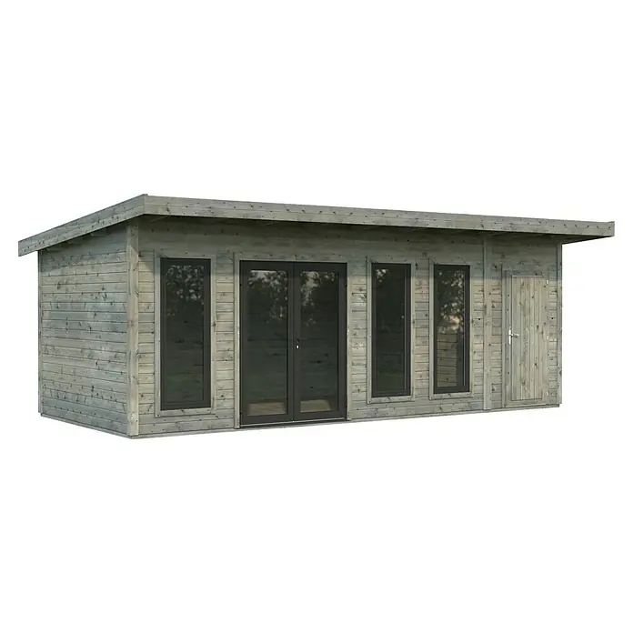 Palmako Gartenhaus Aurelia - Außenmaß inkl. Dachüberstand (B x T): 714 x 404 cm, Holz, Grau, Inklusive Geräteraum - Graues Holzgartenhaus mit dunklen Rahmen und einer Tür an der rechten Seite. Das Gartenhaus hat ein flaches Dach und mehrere Fenster.