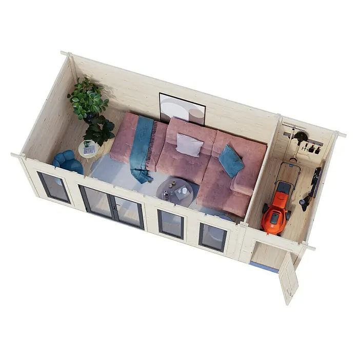 Palmako Gartenhaus Aurelia - Außenmaß inkl. Dachüberstand (B x T): 714 x 404 cm, Holz, Natur unbehandelt, Inklusive Geräteraum - Blick in ein modernes Gartenhaus mit Wohnbereich und Abstellraum, ausgestattet mit Möbeln und Gartengeräten.