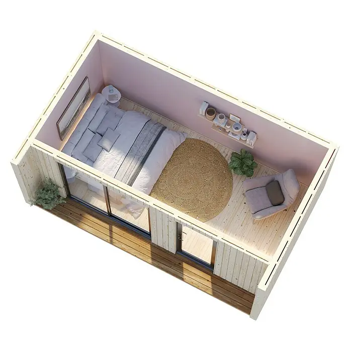 Palmako Gartenhaus Johanna Nordic Plus - Außenmaß inkl. Dachüberstand (B x T): 562 x 339 cm, Holz, Natur unbehandelt - Blick von oben auf ein Schlafzimmer mit einem bequemen Bett, einem runden Teppich und einem Sessel. Helle Farben und natürliche Materialien schaffen eine entspannende Atmosphäre.