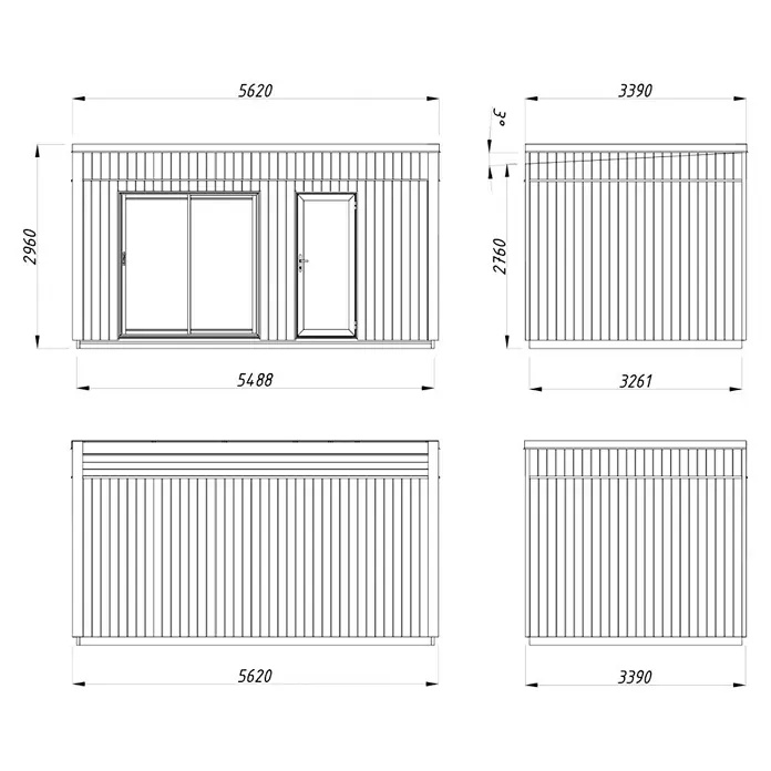 Palmako Gartenhaus Johanna Nordic Plus - Außenmaß inkl. Dachüberstand (B x T): 562 x 339 cm, Holz, Natur unbehandelt - Bauplan eines Gartenhauses mit seitlicher Ansicht, Frontansicht und Draufsicht mit Maßen.\n