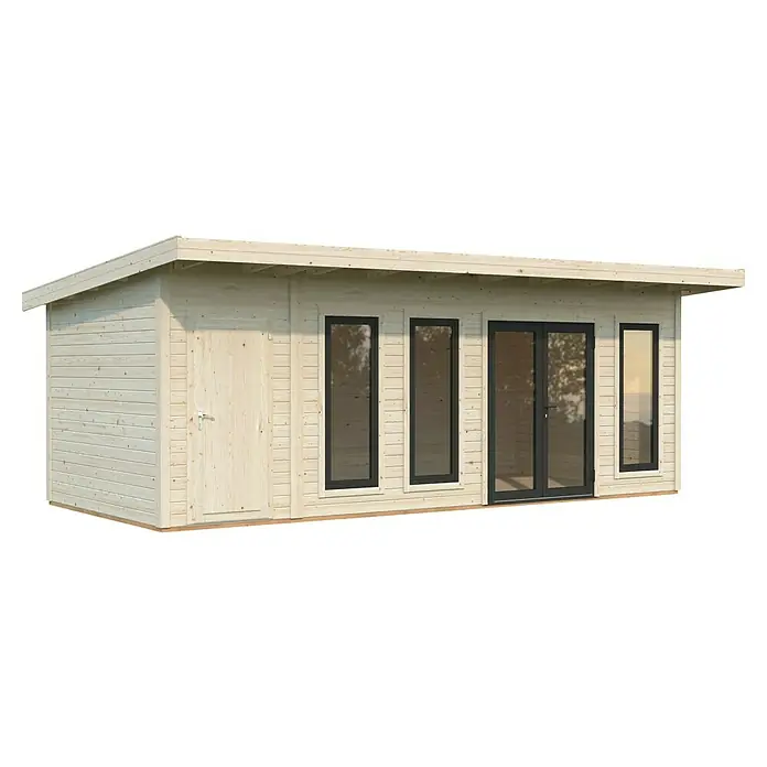 Palmako Gartenhaus Aurelia - Außenmaß inkl. Dachüberstand (B x T): 714 x 404 cm, Holz, Natur unbehandelt, Inklusive Geräteraum - Abbildung eines Holzgartenhauses mit Flachdach, Tür und mehreren Fenstern, das eine moderne und funktionale Struktur zeigt.