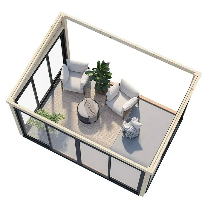 Palmako Pérgola adosada Lumi Slide - L x An: 297 x 420 cm, Natural, Con cristal templado de 4 mm, Puerta corredera - Acogedora sala de sol con cómodos asientos y plantas para un ambiente relajante.