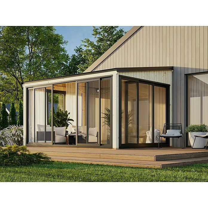Palmako Pérgola adosada Lumi Slide - L x An: 297 x 420 cm, Natural, Con cristal templado de 4 mm, Puerta corredera - Cubierta de patio moderna y luminosa con puertas correderas y cómodos asientos. Ideal para relajarse al aire libre, protegido del viento y del clima.