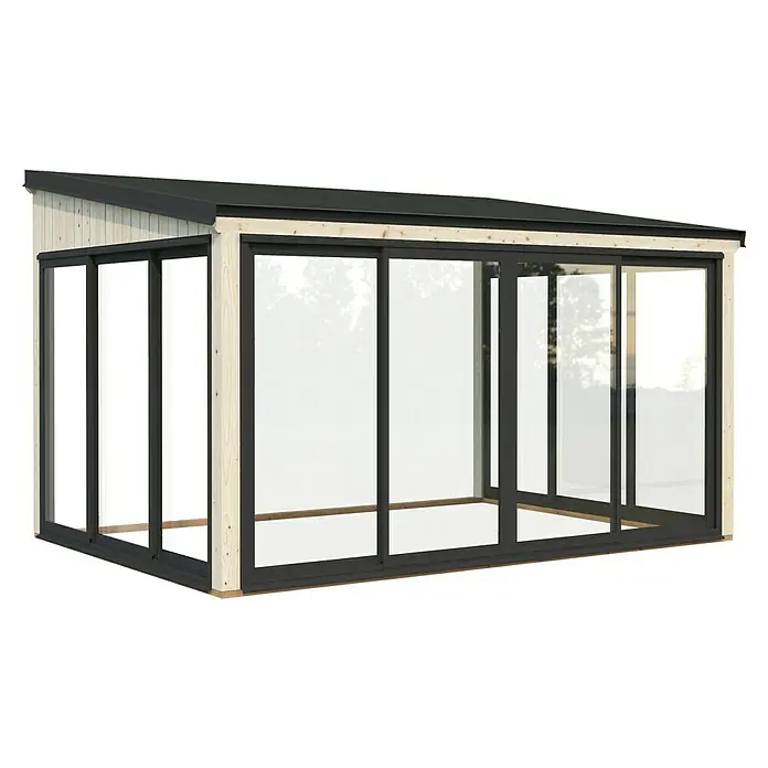 Palmako Pérgola adosada Lumi Slide - L x An: 297 x 420 cm, Natural, Con cristal templado de 4 mm, Puerta corredera - Un moderno pabellón de jardín con grandes paneles de vidrio y un techo sencillo y oscuro. La estructura de madera es clara, lo que le da al pabellón un carácter agradable.