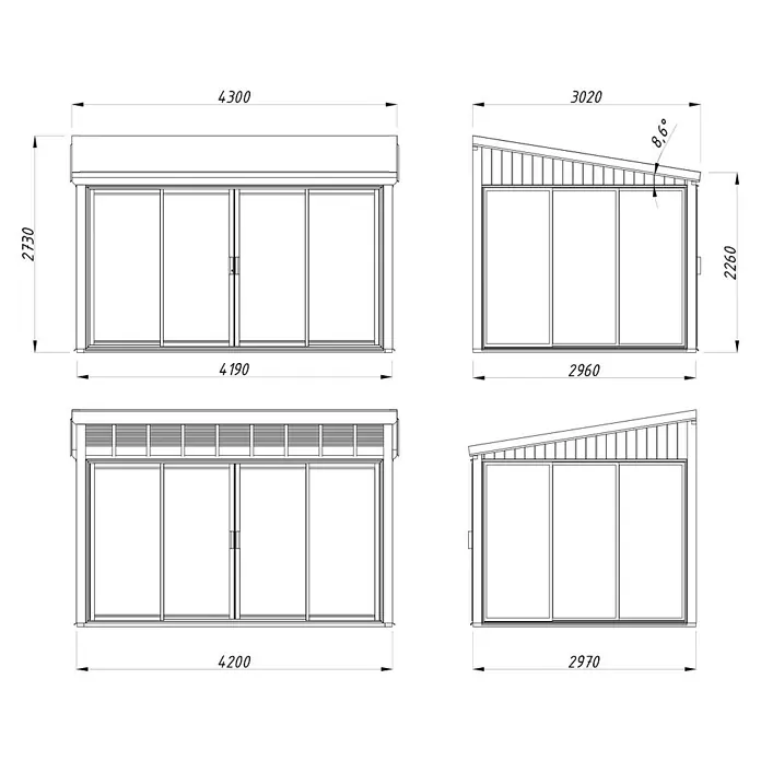 Palmako Pérgola adosada Lumi Slide - L x An: 297 x 420 cm, Natural, Con cristal templado de 4 mm, Puerta corredera - Dibujo de un jardín de invierno con puertas correderas y dimensiones, incluyendo una vista lateral de la pendiente del techo.