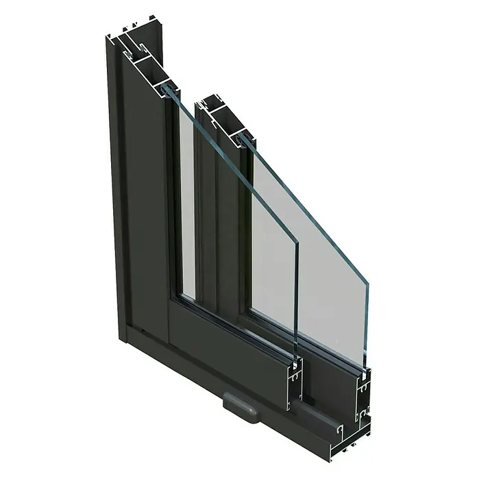 Palmako Pérgola adosada Lumi Slide - L x An: 297 x 420 cm, Natural, Con cristal templado de 4 mm, Puerta corredera - Vista detallada de una ventana con marco y vidrio, ofreciendo información sobre su construcción.