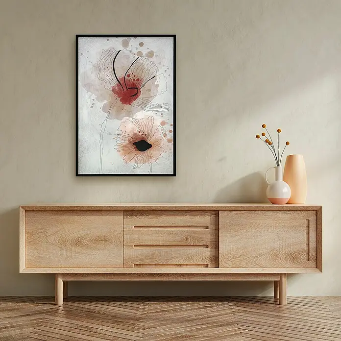 Cuadro 508 - Abstracto 508, An x Al: 42 x 52 cm, 1 pzs. - Un aparador elegante de madera clara con un arte floral abstracto encima y dos jarrones como decoración.