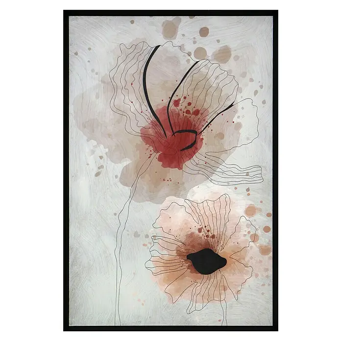 Cuadro 508 - Abstracto 508, An x Al: 42 x 52 cm, 1 pzs. - Pintura abstracta con dos motivos florales en tonos rojos y rosados, enmarcada con líneas negras, en un marco negro.