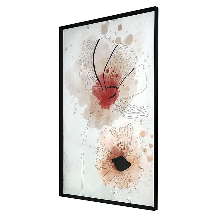 Cuadro 508 - Abstracto 508, An x Al: 42 x 52 cm, 1 pzs. - Arte floral abstracto en un marco negro. El lienzo presenta líneas delicadas y lavados de acuarela en tonos rojos y beige, creando una estética moderna.