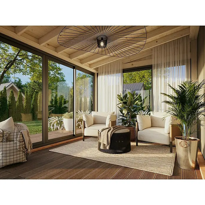 Palmako Pérgola adosada Lumi Slide - L x An: 297 x 420 cm, Natural, Con cristal templado de 4 mm, Puerta corredera - Luminosa veranda con muebles y plantas acogedoras. Una lámpara de techo moderna es el punto focal, creando un ambiente cálido.