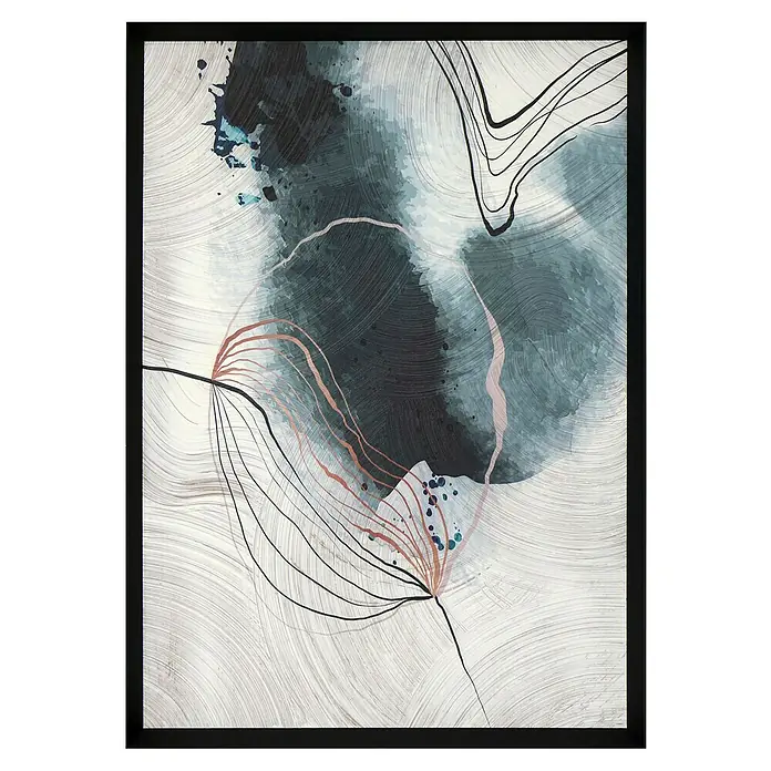 Cuadro 521 - Abstracto 521, An x Al: 42 x 52 cm, 1 pzs. - Pintura abstracta en un marco negro. La obra muestra formas dinámicas en tonos grises, azules y rosas suaves, creando una estética moderna.