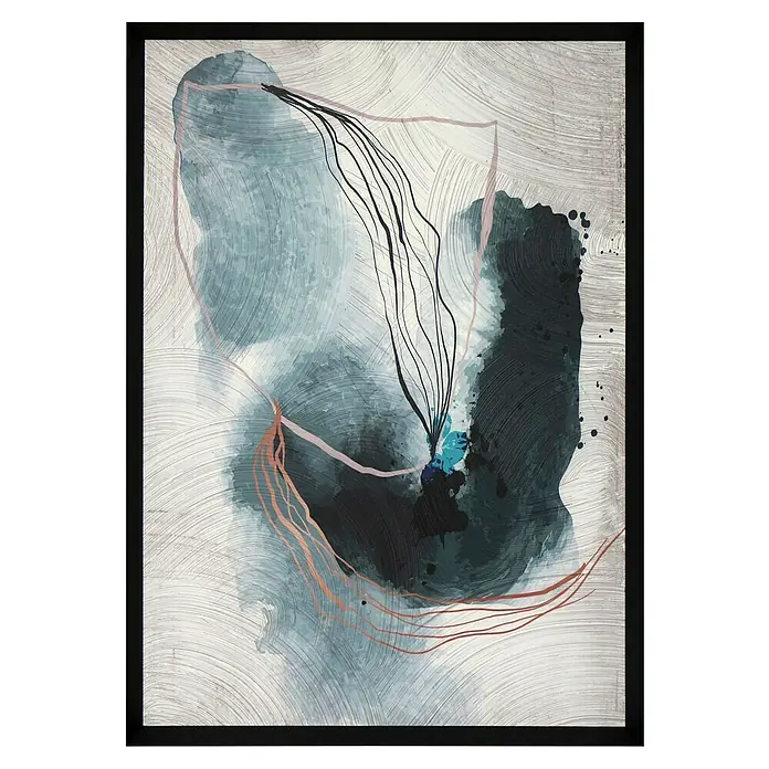 Cuadro 520 - Abstracto 520, An x Al: 42 x 52 cm, 1 pzs. - Pintura abstracta con degradados azules y negros, delineada con formas geométricas y líneas, enmarcada en negro.