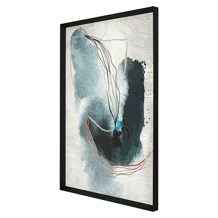 Cuadro 520 - Abstracto 520, An x Al: 42 x 52 cm, 1 pzs. - Pintura abstracta con tonos azules y negros, enmarcada en un marco negro.