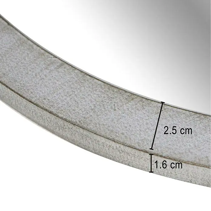 Espejo de pared Circular - Diámetro: 55 cm, Plata betún - Primer plano de un espejo redondo con marco de color plateado, mostrando el grosor del marco.