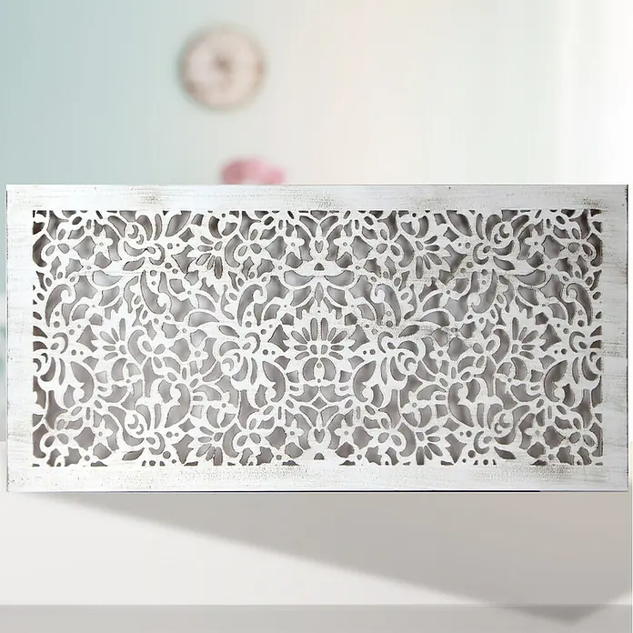 Cabecero de cama Mosaico 154 - An x Al: 145 x 80 cm, Blanco betún - Panel de pared decorativo blanco con intrincado diseño floral para una decoración elegante de la habitación.