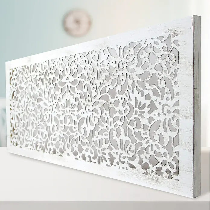 Cabecero de cama Mosaico 154 - An x Al: 145 x 80 cm, Blanco betún - Panel de pared decorativo blanco con diseño floral.