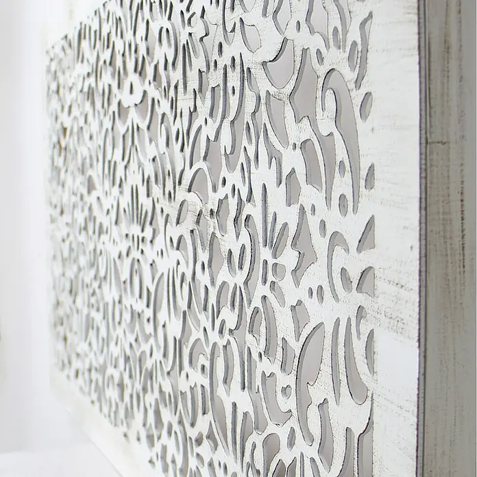 Cabecero de cama Mosaico 154 - An x Al: 145 x 80 cm, Blanco betún - Panel decorativo de madera blanca con un delicado patrón floral y acabado vintage. Una decoración de pared elegante para cualquier espacio.