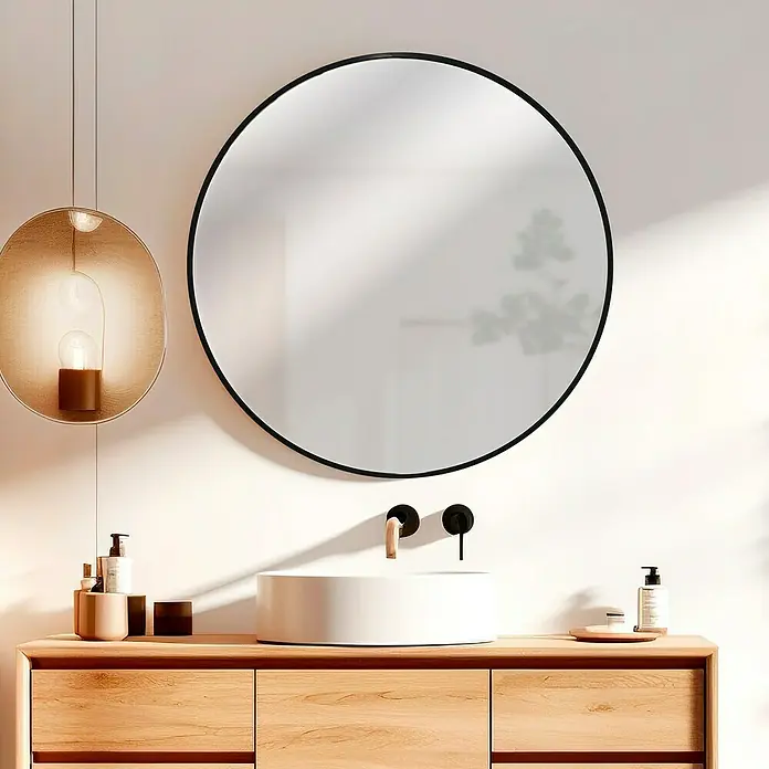 Espejo de pared de hierro - Diámetro: 60 cm, Negro - Elegante interior de baño con un espejo redondo, un tocador moderno y una elegante lámpara colgante que crea un ambiente lujoso.