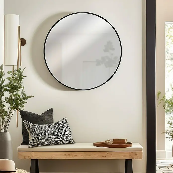 Espejo de pared de hierro - Diámetro: 60 cm, Negro - Elegante interior con un espejo redondo de marco negro sobre un banco de madera clara con cojines y decoraciones.