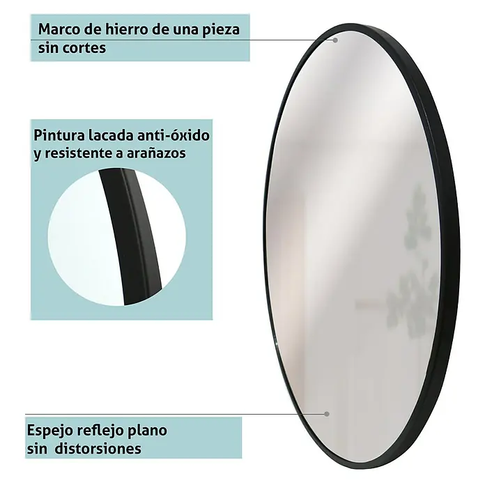 Espejo de pared de hierro - Diámetro: 60 cm, Negro - Imagen de un espejo redondo con marco de hierro de una sola pieza y acabado lacado resistente a los arañazos.