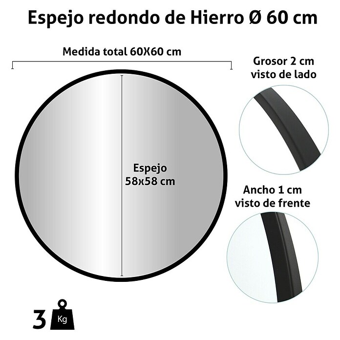 Espejo de pared de hierro (Diámetro: 60 cm, Negro) | BAUHAUS