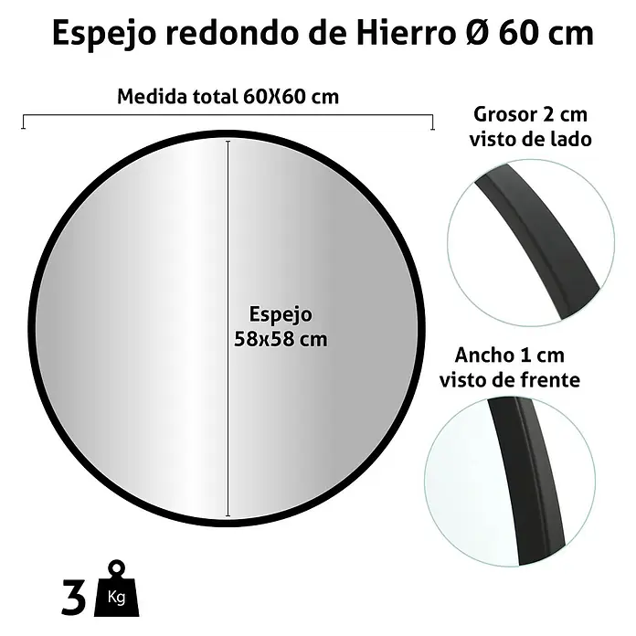 Espejo de pared de hierro - Diámetro: 60 cm, Negro - Imagen de un espejo redondo de hierro de 60 cm de diámetro, que mide 60x60 cm en total y pesa 3 kg.