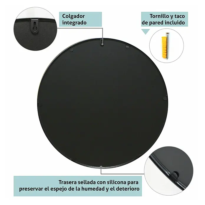 Espejo de pared de hierro - Diámetro: 60 cm, Negro - Vista posterior del espejo redondo, que muestra el colgador integrado, el taco y el tornillo de pared, y el sello de silicona para protegerlo de la humedad.