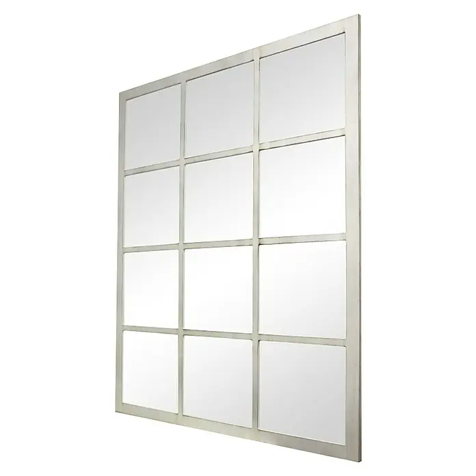 Espejo de pared Siena - 70 x 100 cm, Blanco betún - Primer plano de un espejo de pared rectangular plateado con doce espejos rectangulares, interconectados por puntales plateados.