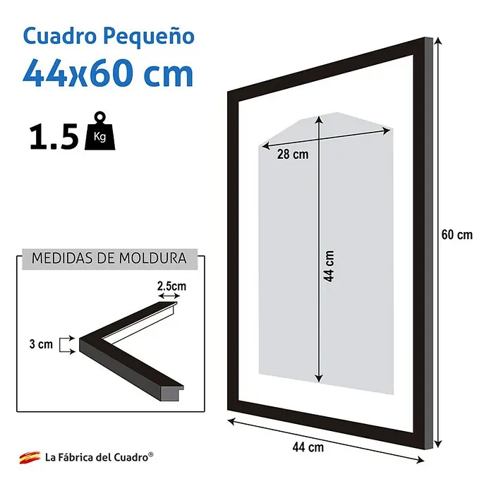 Cuadro enmarcado para camiseta - Negro, An x Al: 40 x 56 cm - Imagen de un pequeño marco de fotos de 44x60 cm con medidas de peso y dimensiones del marco.