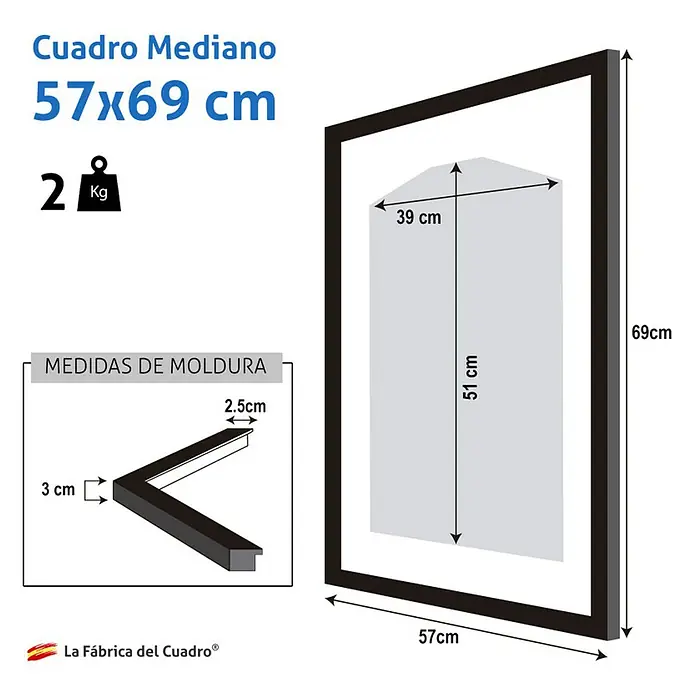 Cuadro enmarcado para camiseta - Negro, An x Al: 40 x 56 cm - Imagen del producto de un marco rectangular que mide 57x69 cm, con un peso de 2 kg. Dibujo detallado de la moldura de 2,5 cm de grosor.