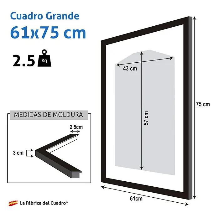 Cuadro enmarcado para camiseta - Negro, An x Al: 40 x 56 cm - Imagen de un marco de fotos grande de 61x75 cm y un peso de 2,5 kg, con una vista detallada de la moldura del marco.