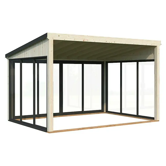 Palmako Pérgola adosada Lumi Slide - L x An: 297 x 420 cm, Natural, Con cristal templado de 4 mm, Puerta corredera - Pérgola de madera moderna con detalles en negro y amplias superficies acristaladas para un espacio exterior elegante.