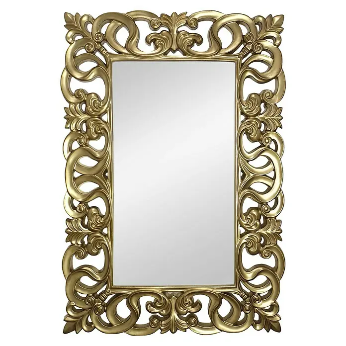 Espejo de pared Berrocal - 88 x 128 cm, Oro betún - Imagen de un espejo dorado rectangular con un marco ornamentado. El espejo es un elemento decorativo para cualquier habitación.