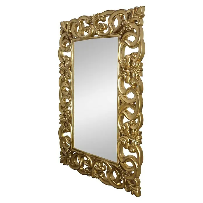 Espejo de pared Berrocal - 88 x 128 cm, Oro betún - Un espejo rectangular dorado con un marco ornamentado de estilo barroco que crea un ambiente elegante.