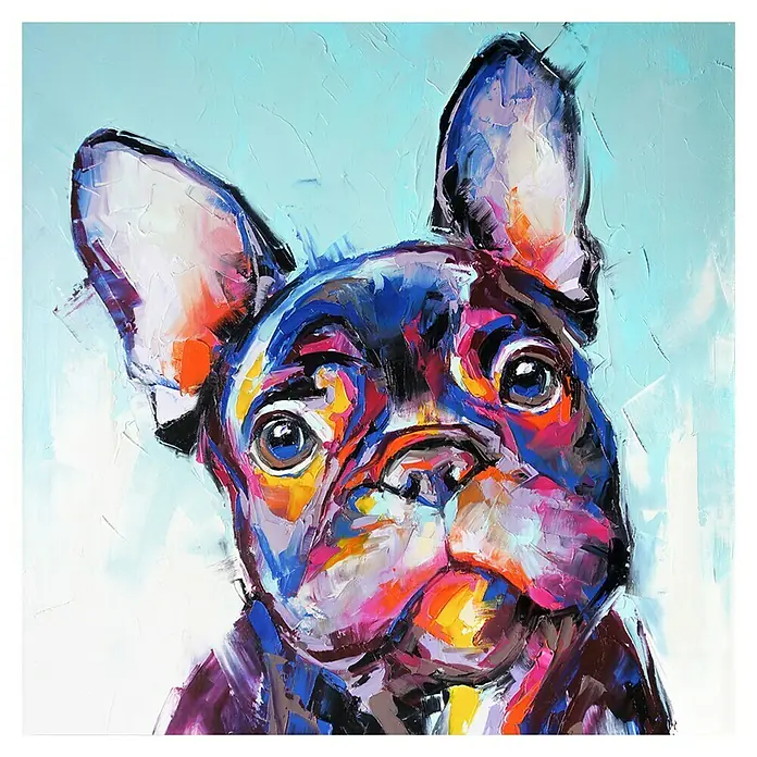 Lienzo Bulldog - Bulldog, An x Al: 80 x 80 cm, 1 pzs. - Vibrante pintura de un bulldog francés con pinceladas coloridas. Obra de arte única para amantes de las mascotas y coleccionistas de arte.