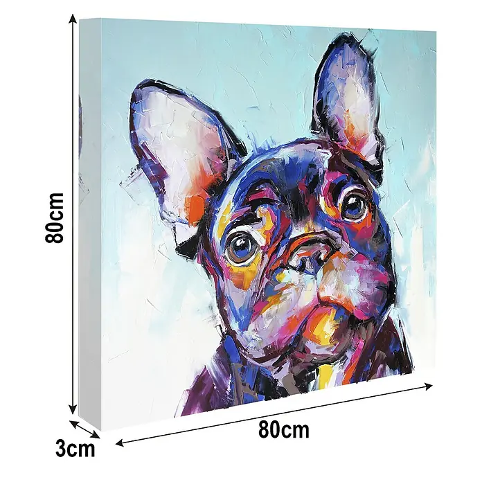 Lienzo Bulldog - Bulldog, An x Al: 80 x 80 cm, 1 pzs. - La obra de arte muestra una impresión de pintura al óleo moderna y colorida de un bulldog francés sobre lienzo, dimensiones: 80x80x3cm.