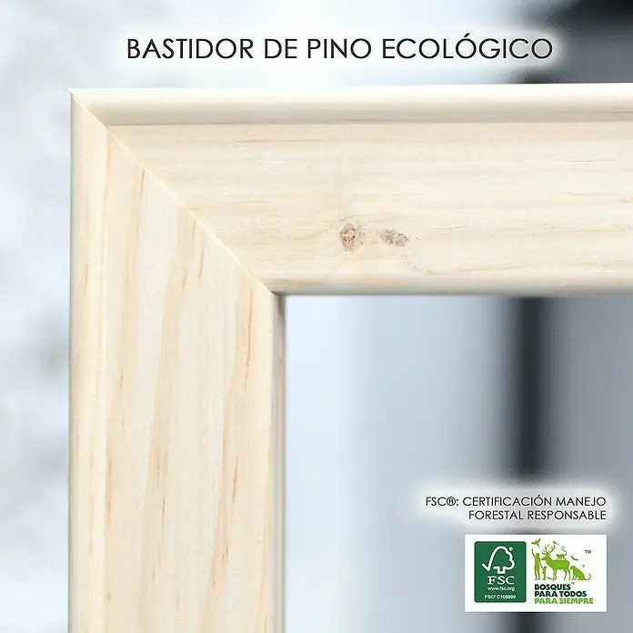 Lienzo Africana 5015 - Africana, An x Al: 100 x 100 cm, 1 pzs. - Detalle de un marco de madera de pino ecológico, destacando la veta natural y el color claro de la madera.
