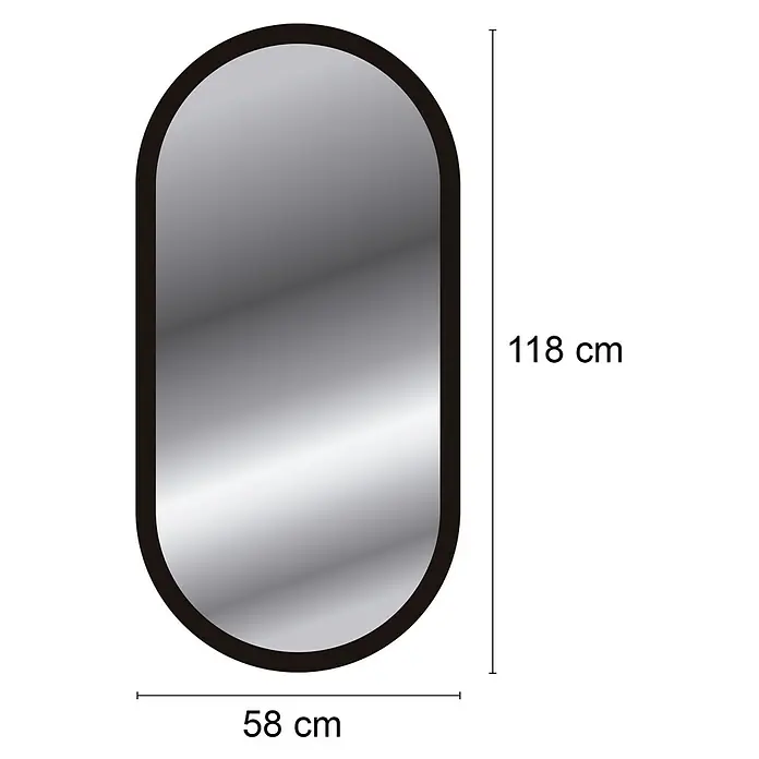 Espejo de pared Alba - 58 x 118 cm, Tabaco - Imagen de un espejo oblongo con esquinas redondeadas y marco marrón, con dimensiones de 118 cm de alto y 58 cm de ancho.