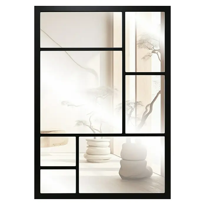 Espejo de pared Pop - 70 x 100 cm, Negro - Conjunto de decoración Zen minimalista con cuenco de madera y piedras apiladas, presentado en un marco moderno.