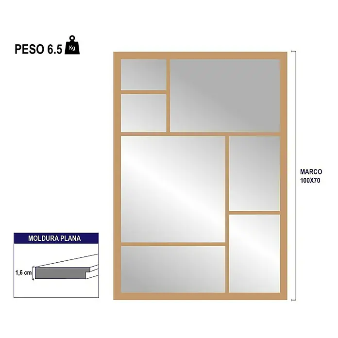 Espejo de pared Pop - 70 x 100 cm, Negro - Imagen de un espejo rectangular que pesa 6,5 kg, con un marco marrón y múltiples paneles de espejo.