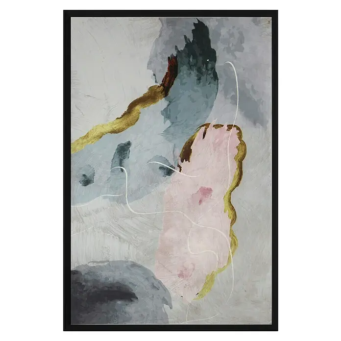 Cuadro 510 - Abstracto 510, An x Al: 42 x 52 cm, 1 pzs. - Obra de arte abstracta con manchas de rosa, dorado y gris, enmarcada en negro. Una pieza decorativa moderna para cualquier espacio.