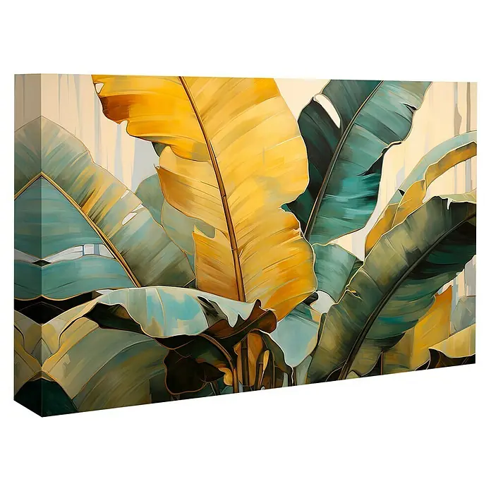 Lienzo Botánica 537 - Botánica, An x Al: 100 x 70 cm, 1 pzs. - Imagen artística de hojas de plátano en tonos dorados y verdes, capturando la belleza exótica de los trópicos. Un elemento decorativo.