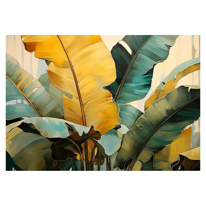 Lienzo Botánica 537 - Botánica, An x Al: 100 x 70 cm, 1 pzs. - Vibrante pintura de exuberantes hojas de plátano amarillas y verde azulado, creando una atmósfera tropical y exótica.