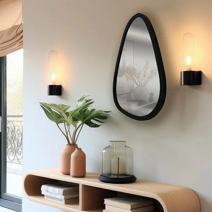 Espejo de pared Gota - 48 x 68 cm, Negro - Lámparas de pared y un espejo con marco negro sobre una elegante estantería de madera decorada con plantas y libros.