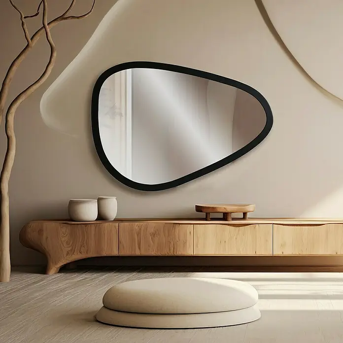 Espejo de pared Gota - 48 x 68 cm, Negro - Un espejo asimétrico con marco negro cuelga sobre un elegante mueble de madera. Diseño minimalista y moderno.